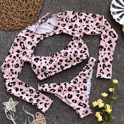 Leopard Bikini Long Sleeve Swimwear Swimsuit