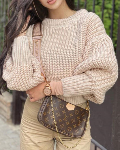 Knit Round Neck Lantern Sleeve Single-breasted Sweaters