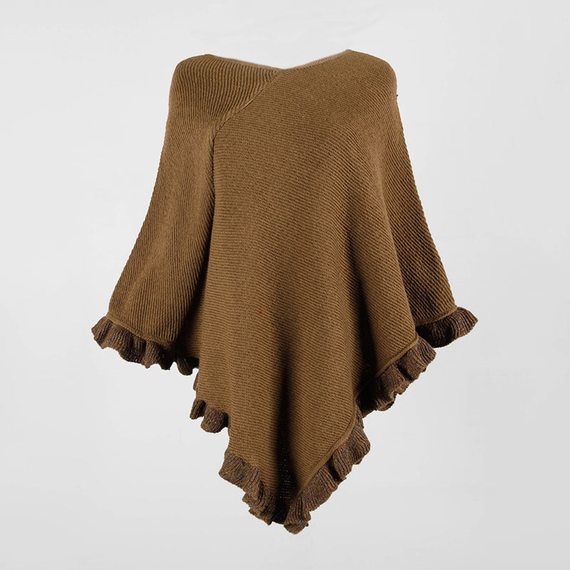 Ruffled Hem Crimped Collar Sweater Cloak Shawl Cape Cardigans