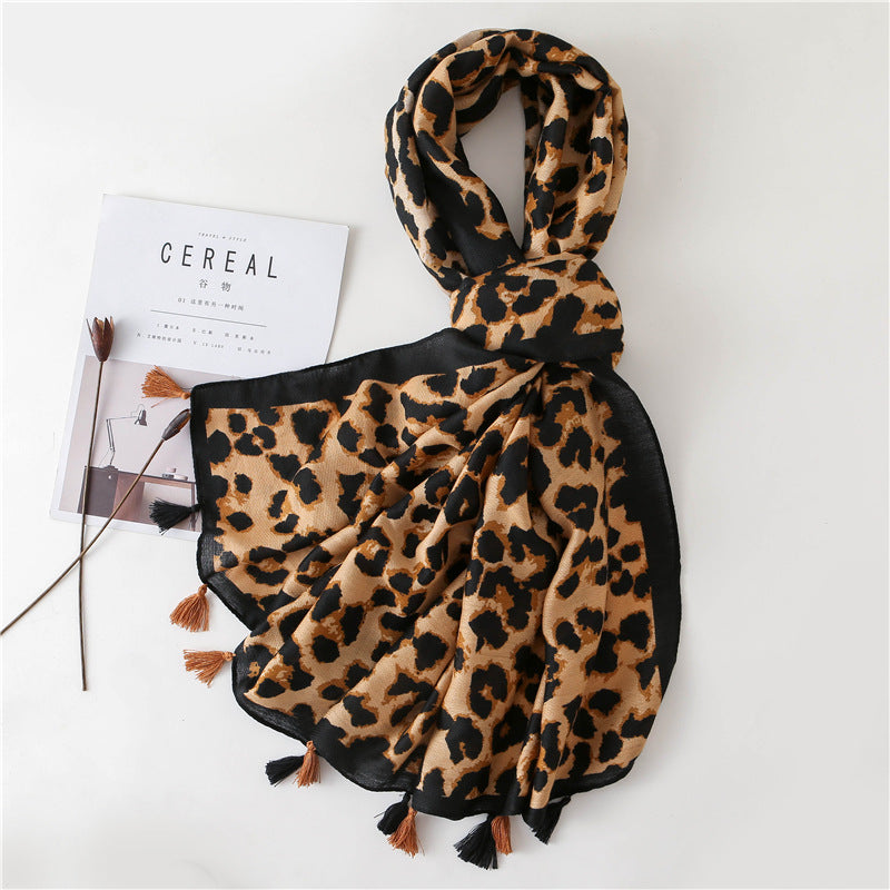 Tassel Fringe Leopard Print Scarf Shawl for Women Ladies Girls