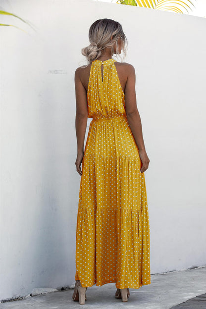 Yellow Wave Bohemian Boho Printed Hanging Neck Straps Maxi Dresses