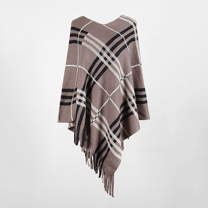 Tassel Fringed Pullover V-neck Diagonal Stripes Sweater Cloak Shawl Cape