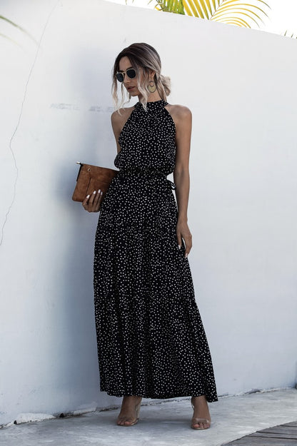Black Wave Bohemian Boho Printed Hanging Neck Straps Maxi Dresses