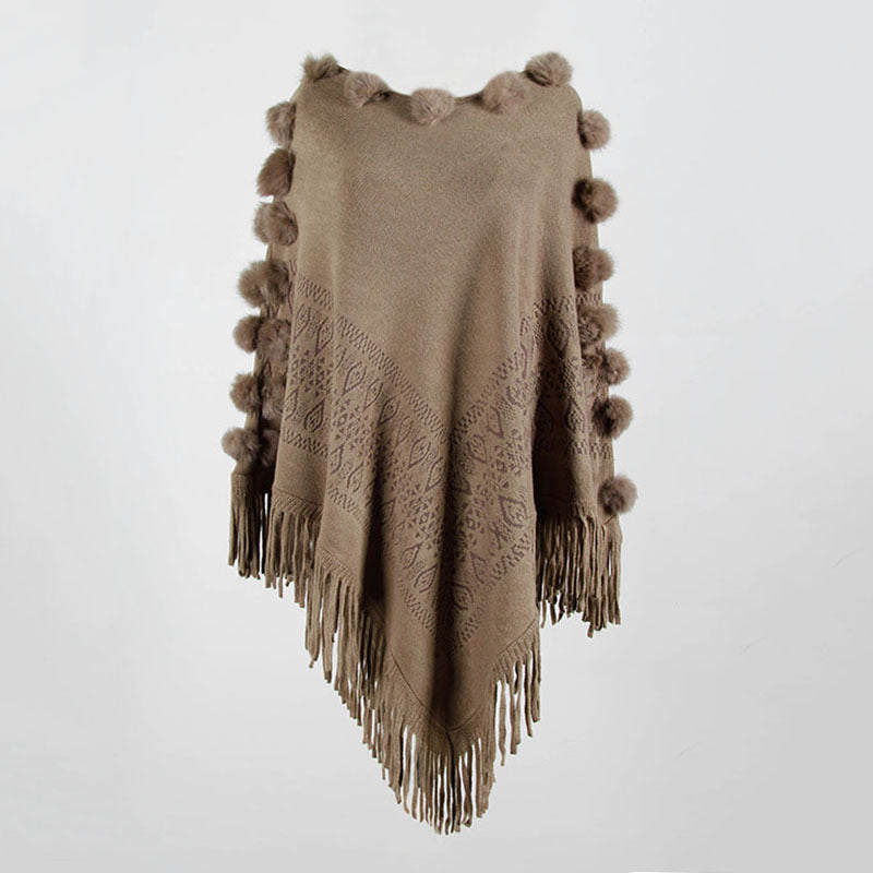 Floral Tassel Fringed Pullover Pompom Collar Sweater Cloak Shawl Cape