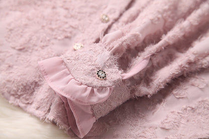 Pink Flocked Fungus Shape Collar Bow Chiffon Top & Diamond Plaid Skirt Dress Suit wt8181932285
