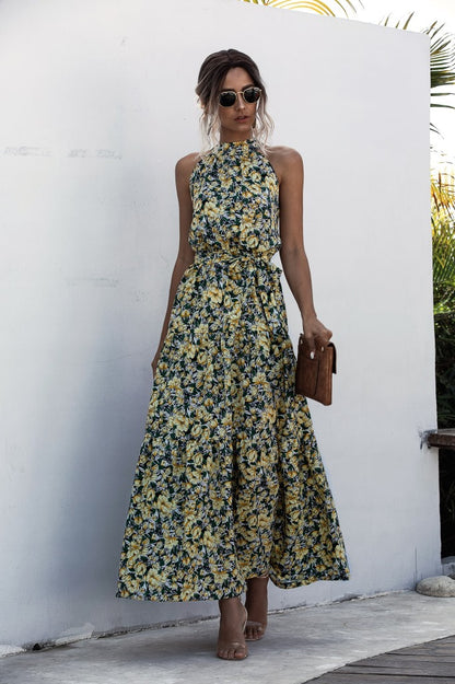 Floral Yellow Bohemian Boho Printed Hanging Neck Straps Maxi Dresses