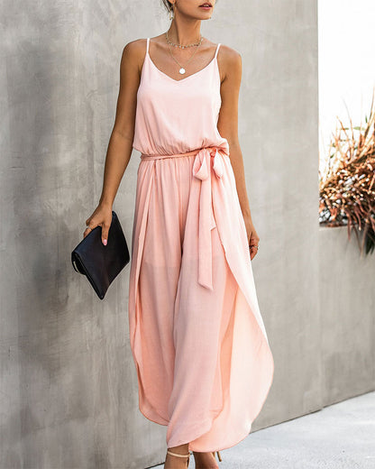 V-neck Suspender Irregular Wide Leg Side Jumpsuit