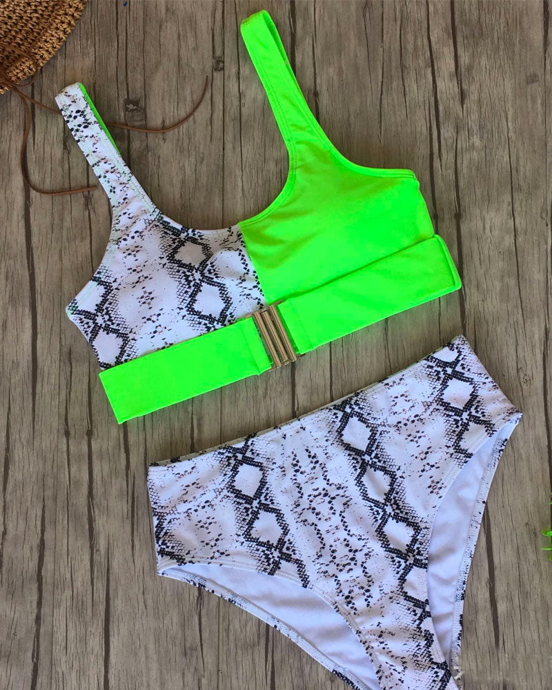 High-waisted Leopard Stitched Colored Bikini Swimwear