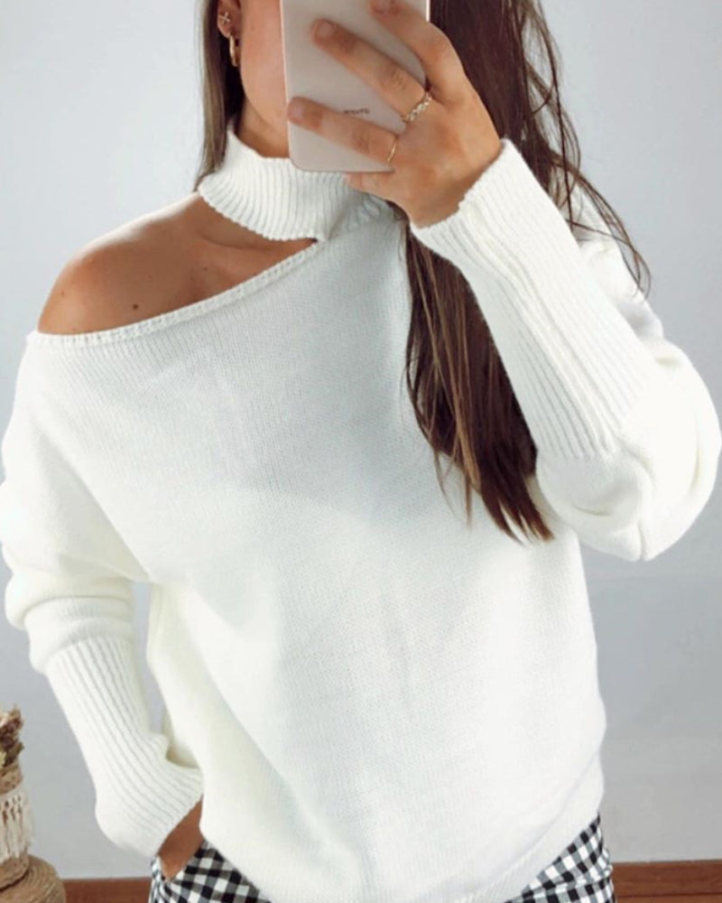 Loose Irregular Halter One Shoulder Sweaters Khaki
