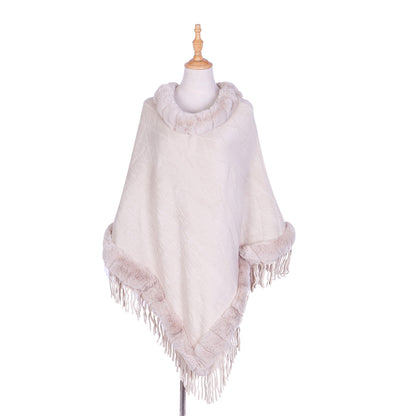 Tassel Hem Fur Collar Pullover Sweater Cloak Shawl Cape