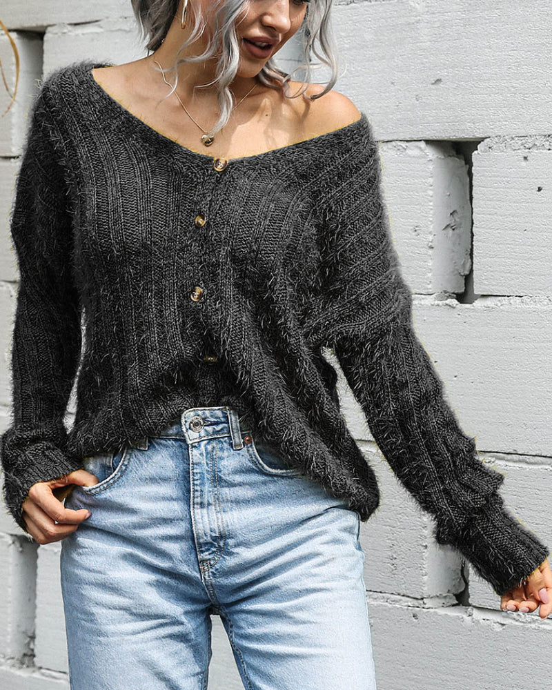 V-neck Single-breasted Knit Sweaters Cardigans