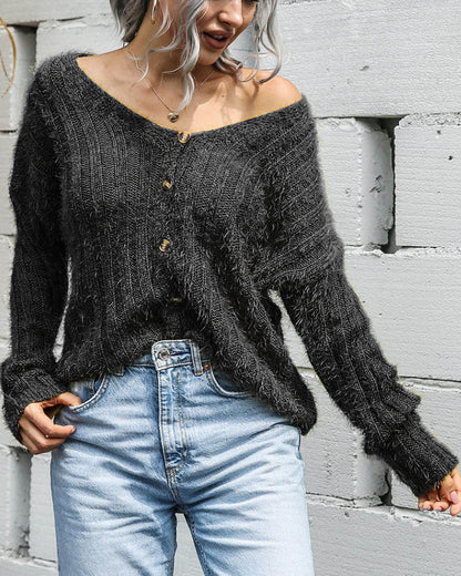 V-neck Single-breasted Knit Sweaters Cardigans