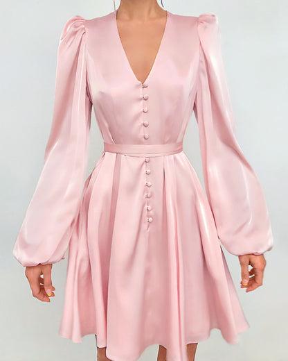 Pink V-neck Lantern Sleeve Single-breasted Skater Party Mini Dresses