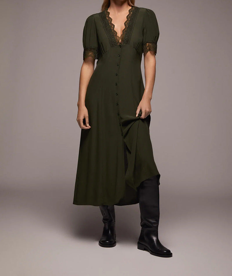 V-neck Vintage Lace Puff Sleeve Single-breasted Midi Dresses