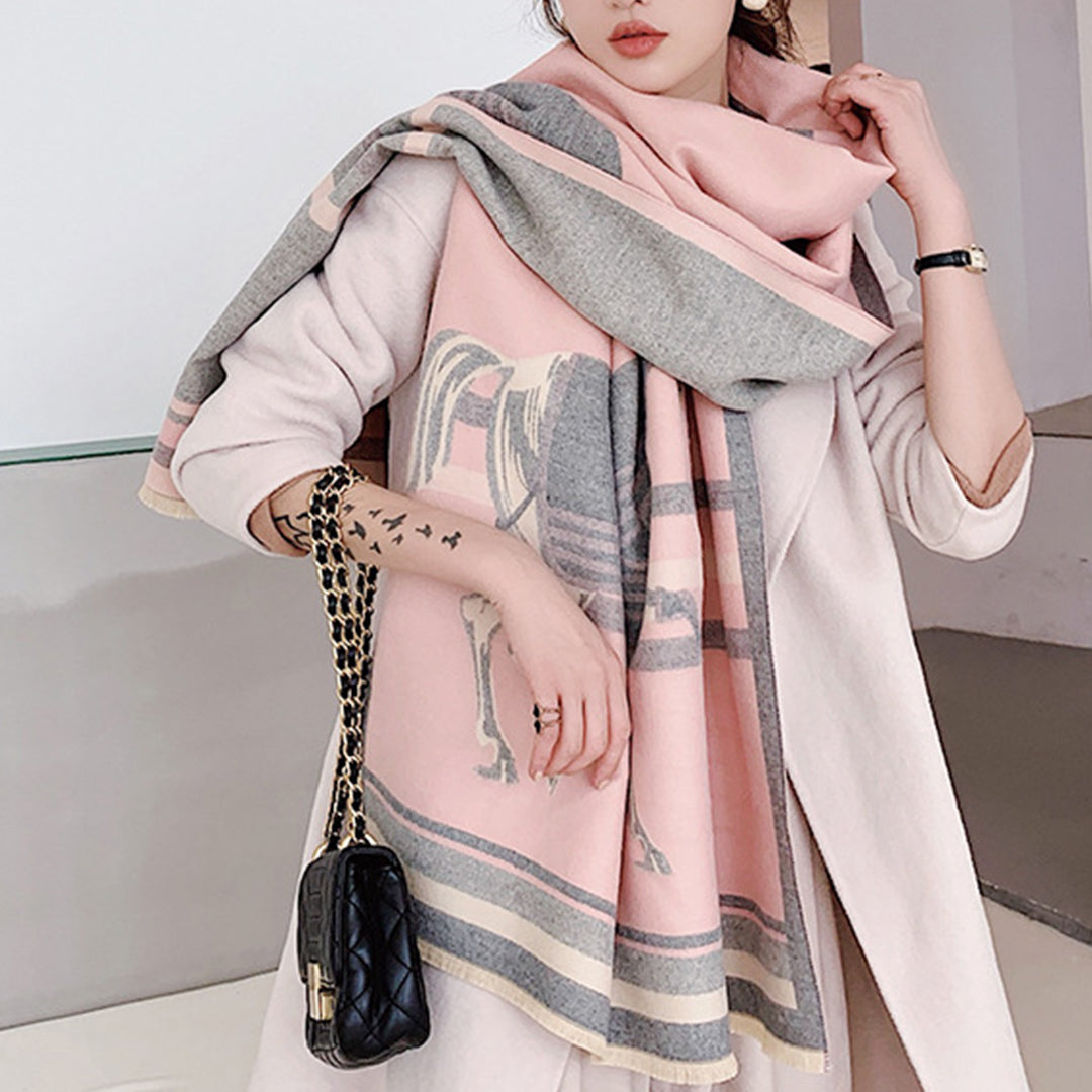 Retro Tassel Horse Pattern Warm Scarf Cashmere Thick Shawl Wrap for Women Ladies Girls