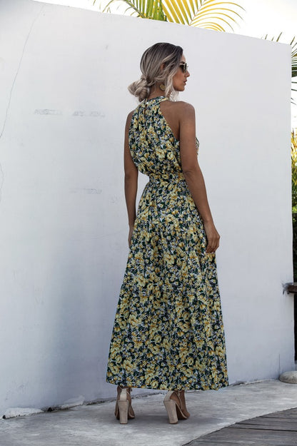 Floral Yellow Bohemian Boho Printed Hanging Neck Straps Maxi Dresses