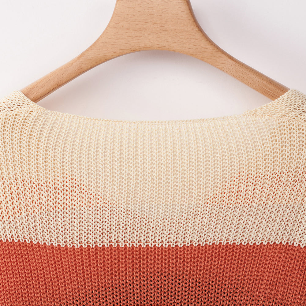 Women‘s Loose V-neck Rainbow Stripes Long Sweater