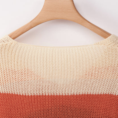 Women‘s Loose V-neck Rainbow Stripes Long Sweater