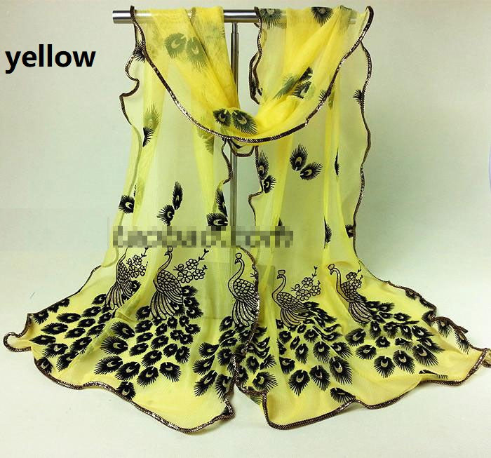 Fashion Lace Scarf Net Yarn Printing Peacock Stitching Flocking Phoenix Scarf for Women Ladies Girls