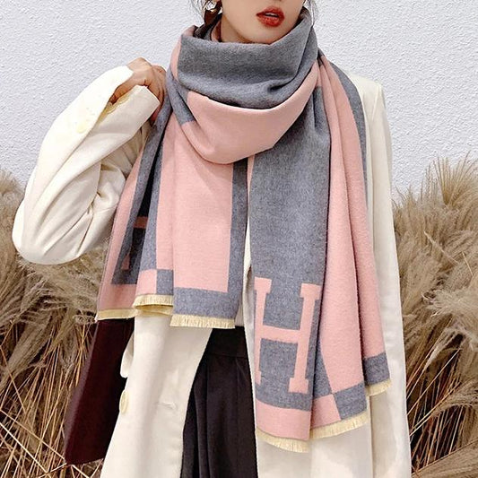 Colorblock Warm Scarf Cashmere Double-sided Thick Shawl Wrap for Women Ladies Girls