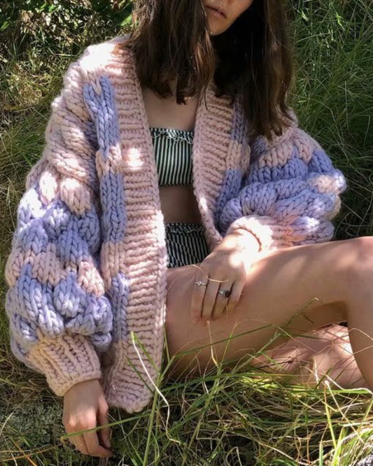 Contrast Lantern Sleeve Argyle Pattern Knit Cardigans