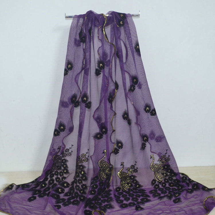 Fashion Lace Scarf Net Yarn Printing Peacock Stitching Flocking Phoenix Scarf for Women Ladies Girls