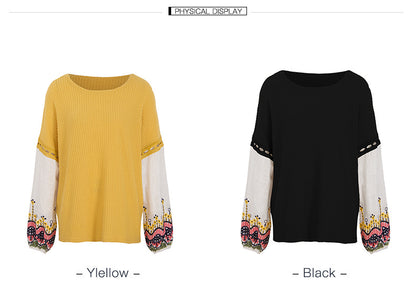 Women Round Neck Knit Stitching Loose Sweater