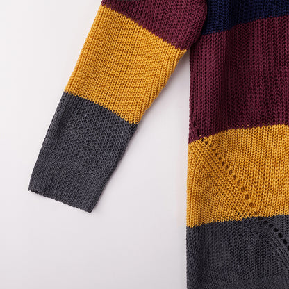 Women‘s Loose V-neck Rainbow Stripes Long Sweater