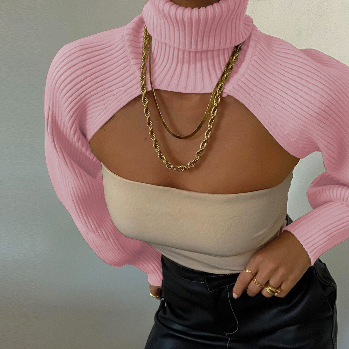 Casual Turtleneck Lantern Sleeve Cutout Cropped Knit Sweater
