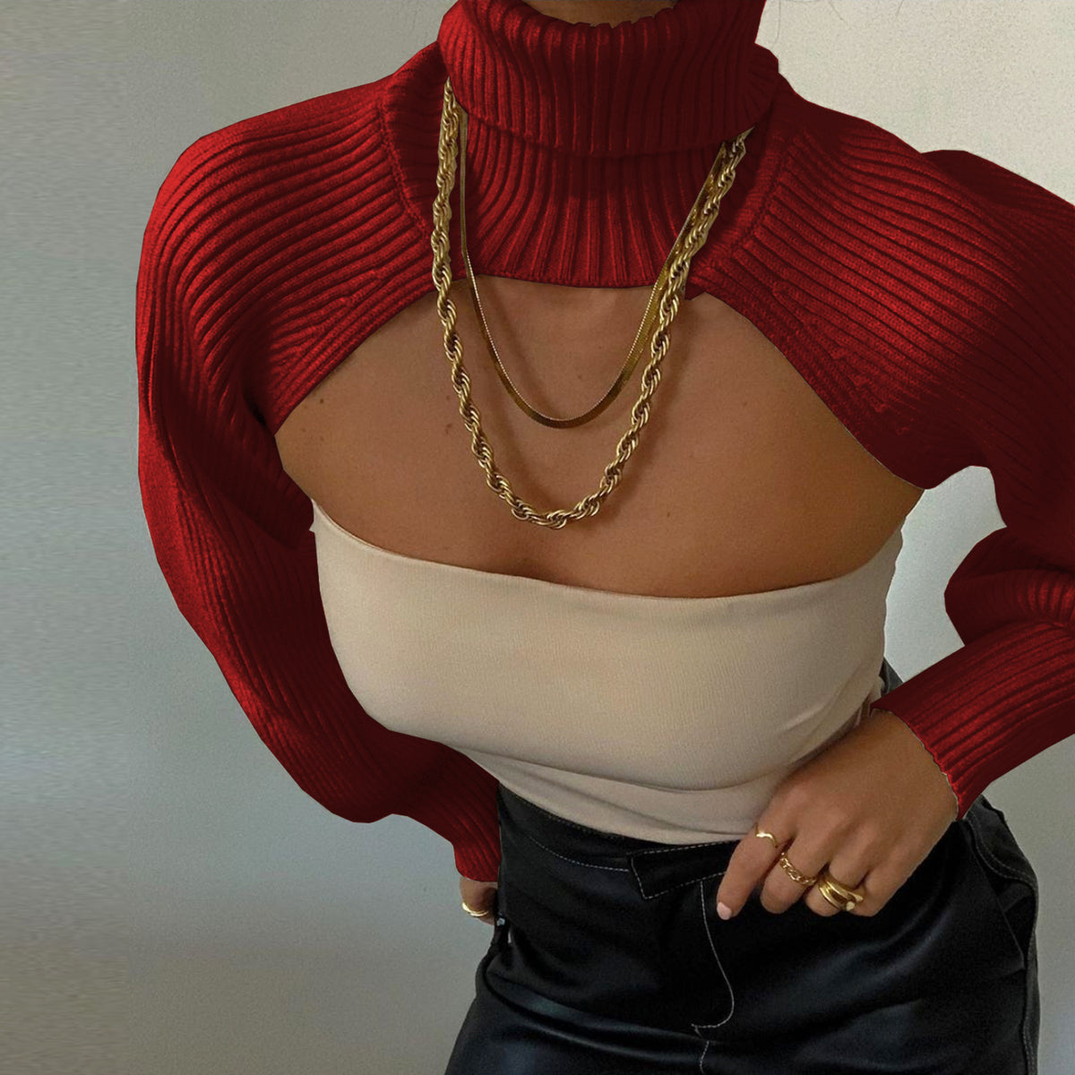 Casual Turtleneck Lantern Sleeve Cutout Cropped Knit Sweater Camel