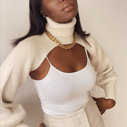 Casual Turtleneck Lantern Sleeve Cutout Cropped Knit Sweater Camel