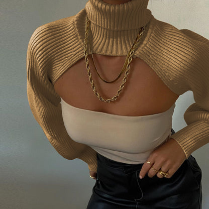 Casual Turtleneck Lantern Sleeve Cutout Cropped Knit Sweater Camel