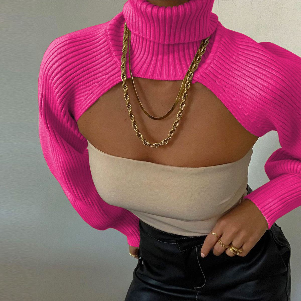 Casual Turtleneck Lantern Sleeve Cutout Cropped Knit Sweater