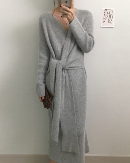 V-neck Cross Straps Long Knit Cardigan Midi Dresses