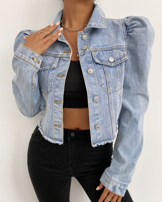 Single-breasted Puff Sleeve Denim Outerwear Cardigans