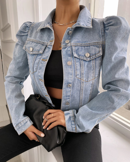 Single-breasted Puff Sleeve Denim Outerwear Cardigans