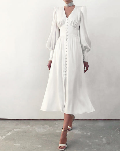 Lantern Bubble Sleeve Satin Midi Dresses