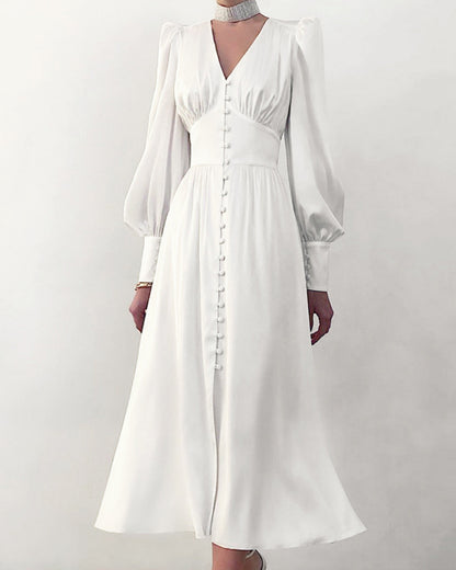 Lantern Bubble Sleeve Satin Midi Dresses
