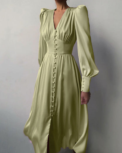 Lantern Bubble Sleeve Satin Midi Dresses Brown