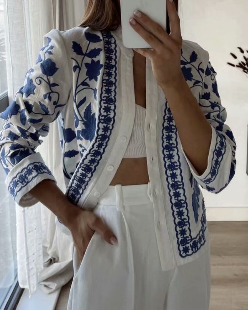 Single-breasted Floral Embroidery Shirts Cardigans