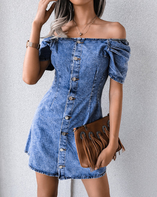 Off Shoulder Puff Bubble Sleeve Single-breasted Denim Mini Dresses