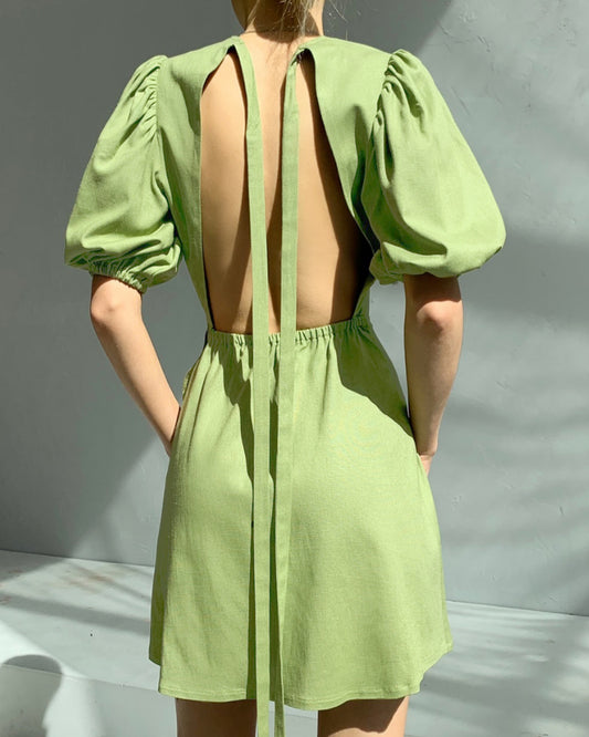 Lantern Bubbles Sleeve Ruffles Hem Backless Party Mini Dresses