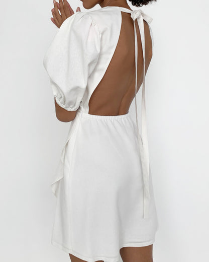 Lantern Bubbles Sleeve Ruffles Hem Backless Party Mini Dresses