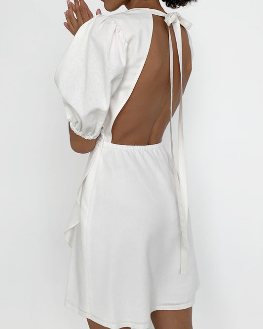 Lantern Bubbles Sleeve Ruffles Hem Backless Party Mini Dresses