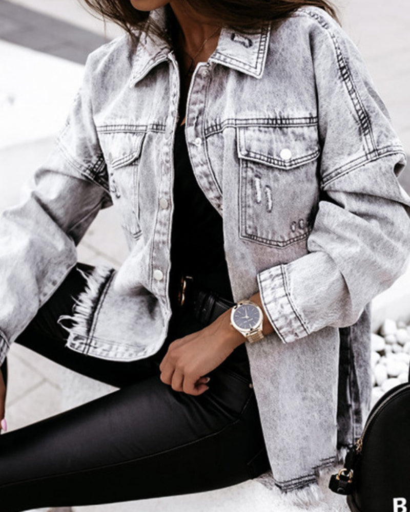 Single-breasted Pile Collar Denim Tassel Hem Outerwear Cardigans