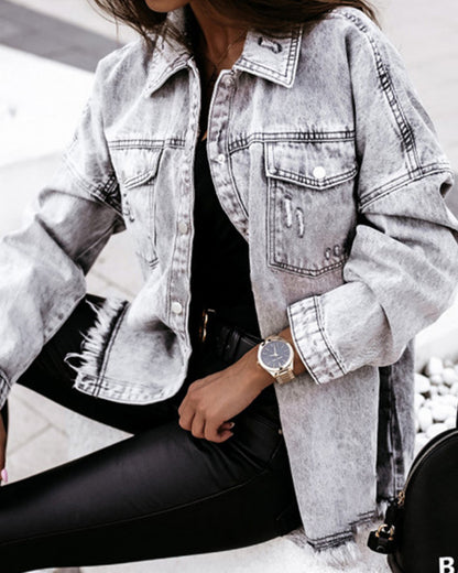 Single-breasted Pile Collar Denim Tassel Hem Outerwear Cardigans