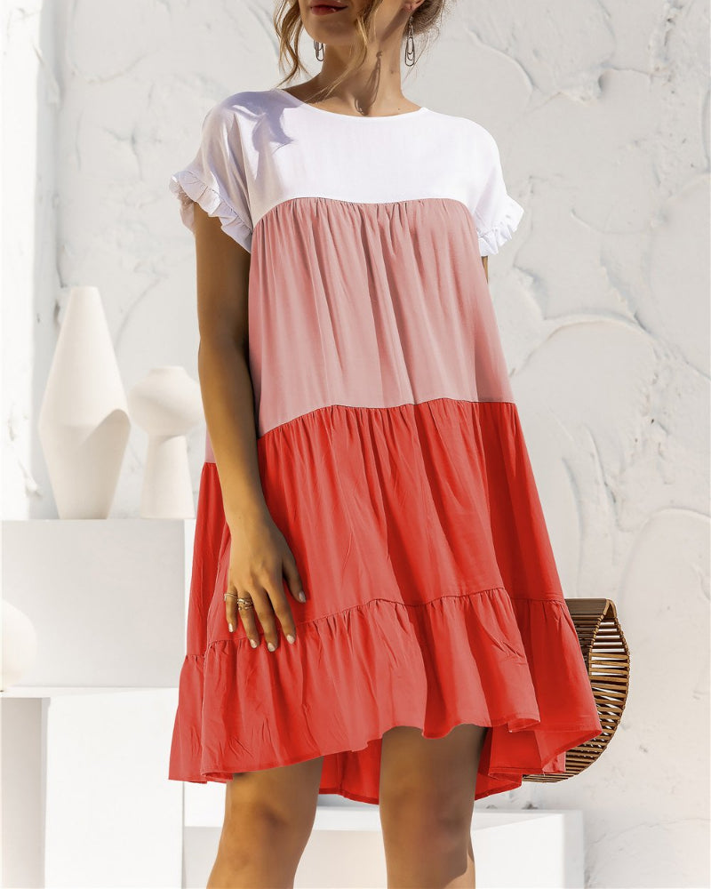 Round Neck Ruffled Hem Vacation Mini Dresses