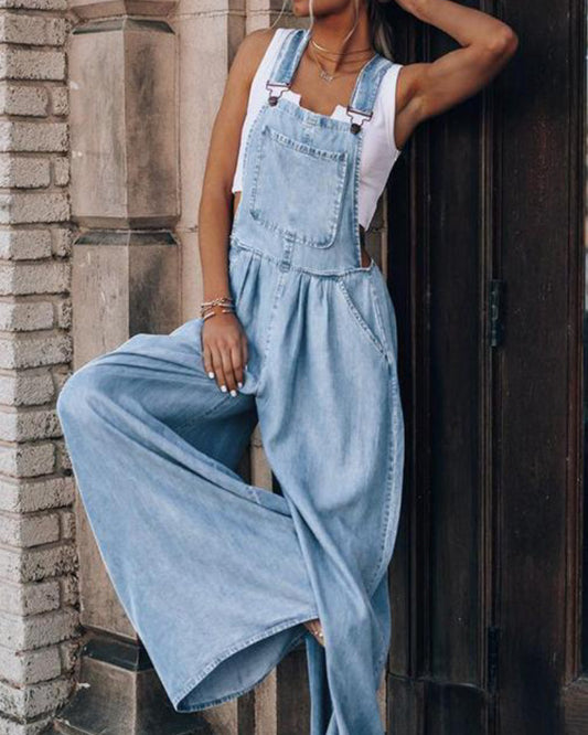 Loose Denim Pockets Strap Elastic Waist Overalls Jumpsuits