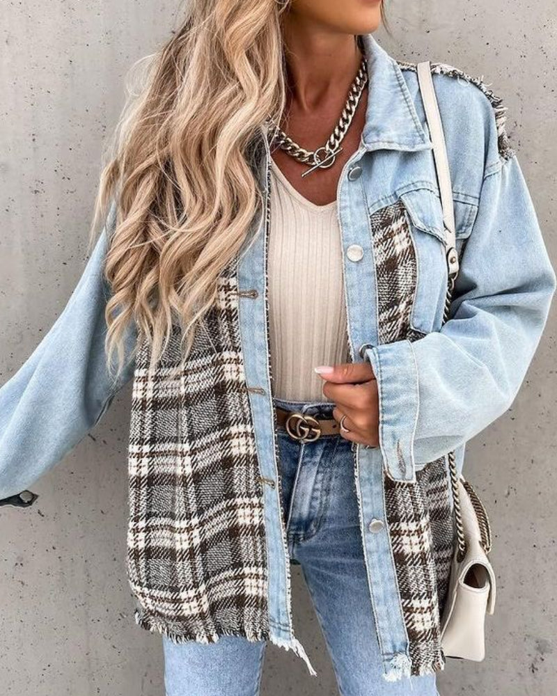 Single-breasted Pile Collar Grid Pattern Denim Outerwear Cardigans