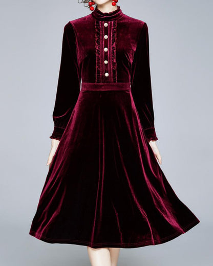Red Velvet Pearl Button Single-breasted Midi Dresses